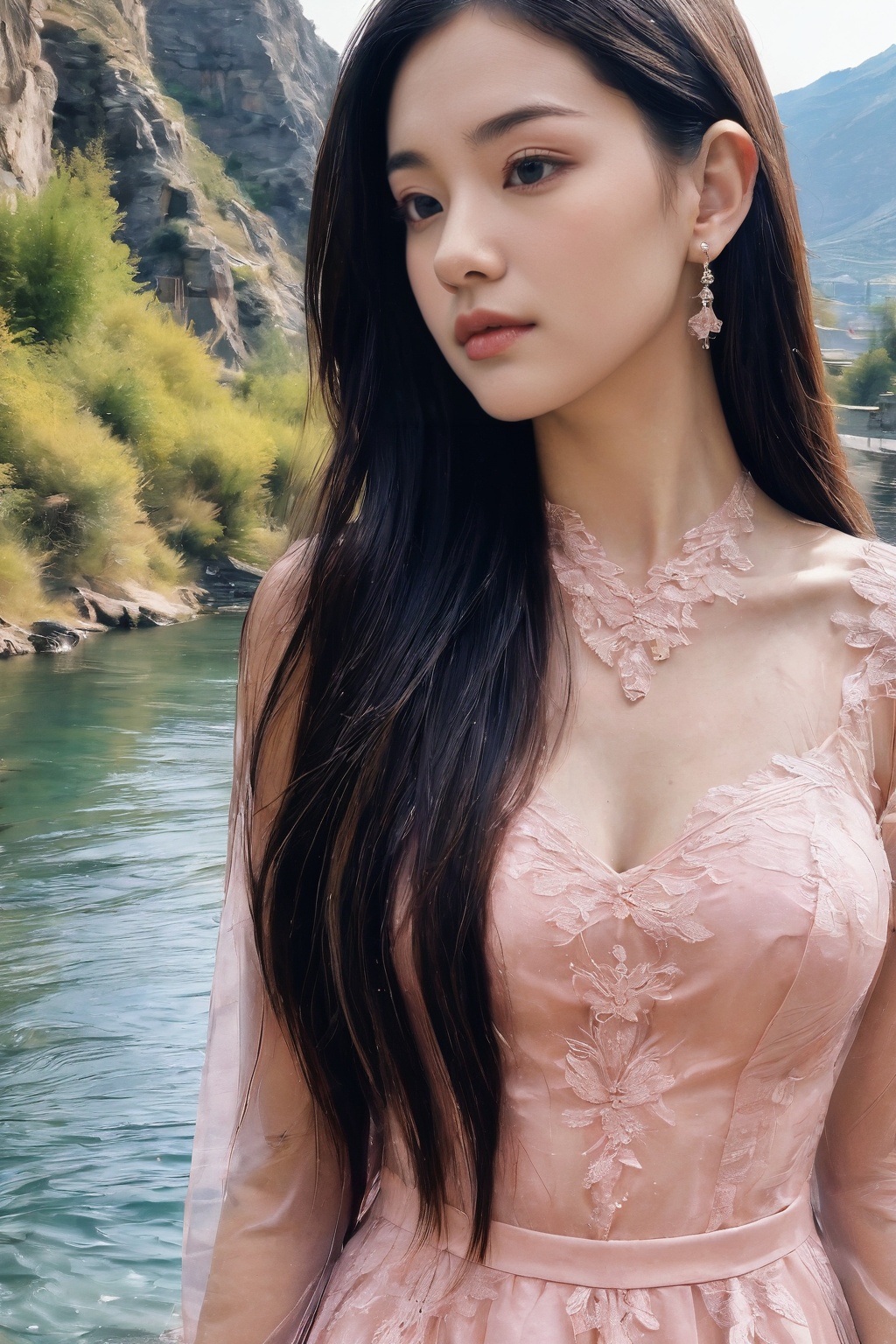 1girl, solo, portrait, young, long hair, dress, pink dress, jewelry, earrings, outdoors, black hair, mountain, see-through, water, hair ornament, 