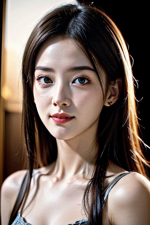 (8k, RAW photo:1.2), (realistic, photo-realistic:1.4), (extremely detailed), (detailed face:1.4), girl, brown eyes, black long hair, smirk, realistic skin, skin pores, beautiful, pretty, upper body, dramatic lighting, realistic, teenage, dress,