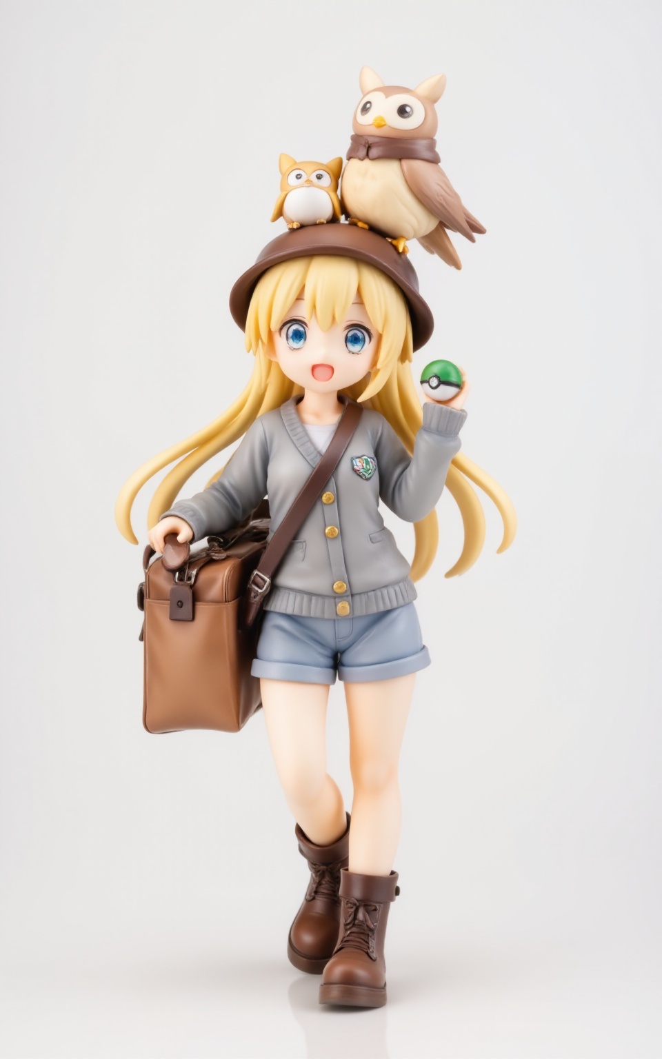 pvcstyle,1girl,animal on head, animal, long hair, teeth, brown bag, full body, shoulder bag, bird, messenger bag, pokemon on head, poke ball, blue eyes, bird on head, bird on shoulder, brown footwear, blonde hair, pokemon \(creature\), upper teeth only, holding, grey cardigan, brown headwear, boots, holding poke ball, open mouth, on head, owl, poke ball \(basic\), bag, cardigan, holding strap, long sleeves,masterpiece, newest, absurdres, safe<lora:pvcstyle:1>​​​