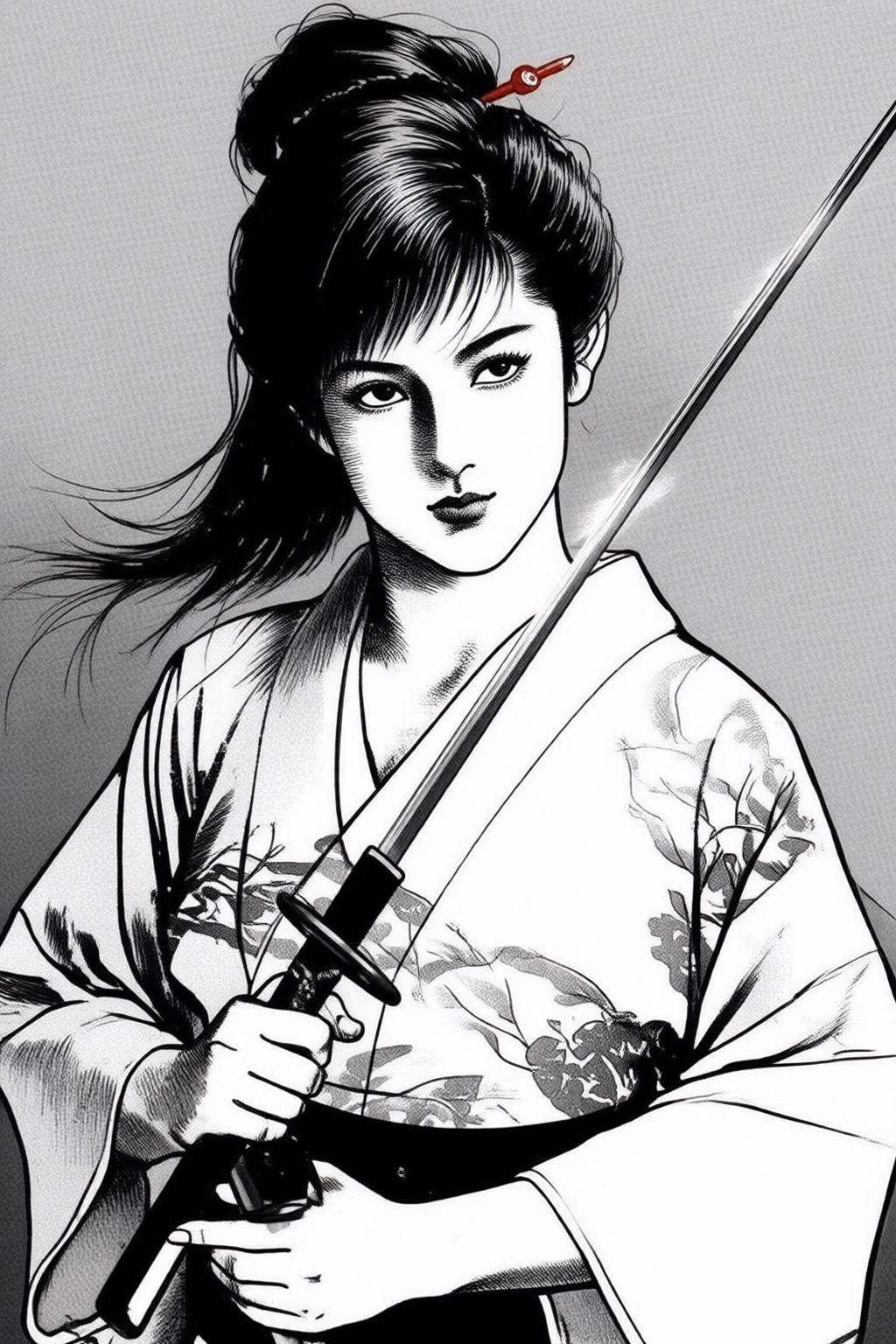 ryoichiikegami2q illustration. Black and white drawing.A woman holding a long,  slender Japanese katana sword She has dark...