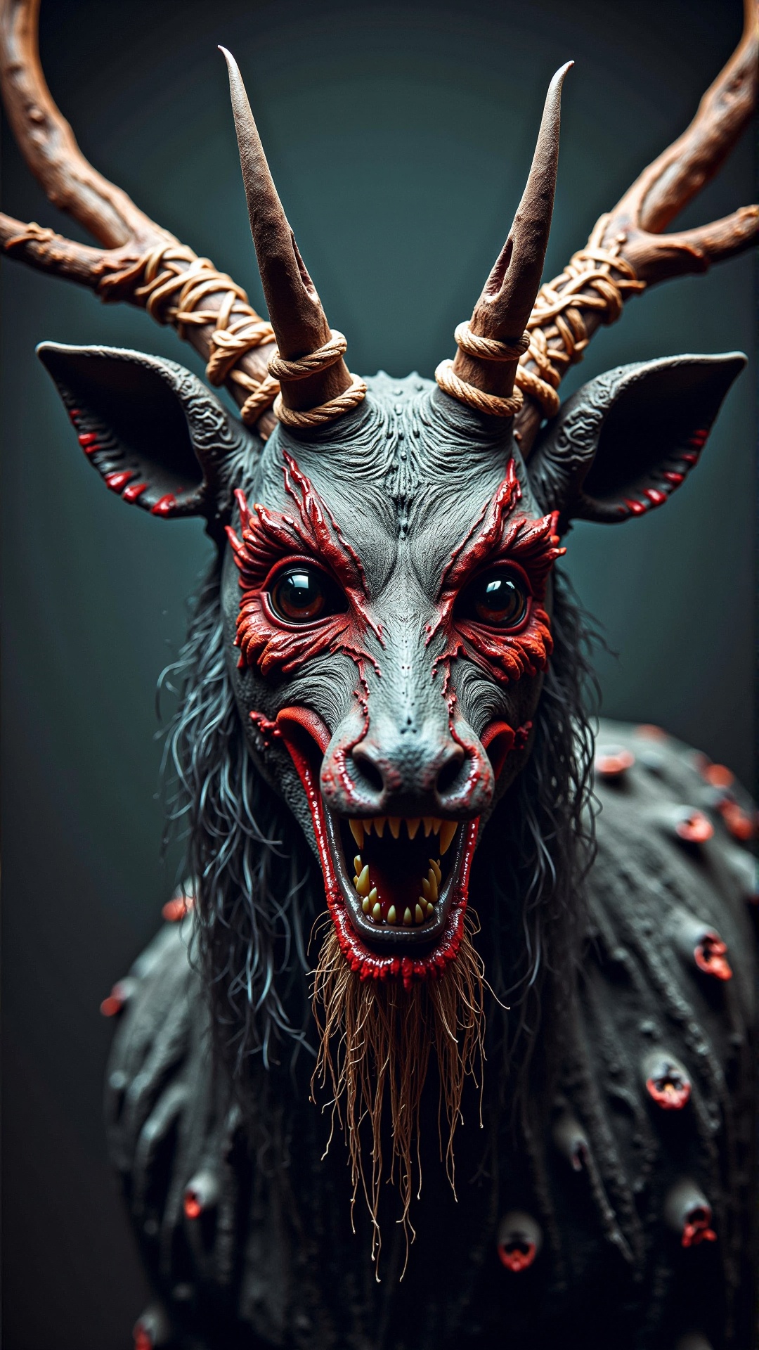 a photorealistic dark horror blood scary Dramatic portraiture of Uuen,  the Pictish god of stags,  mixed media on Tensor.Art