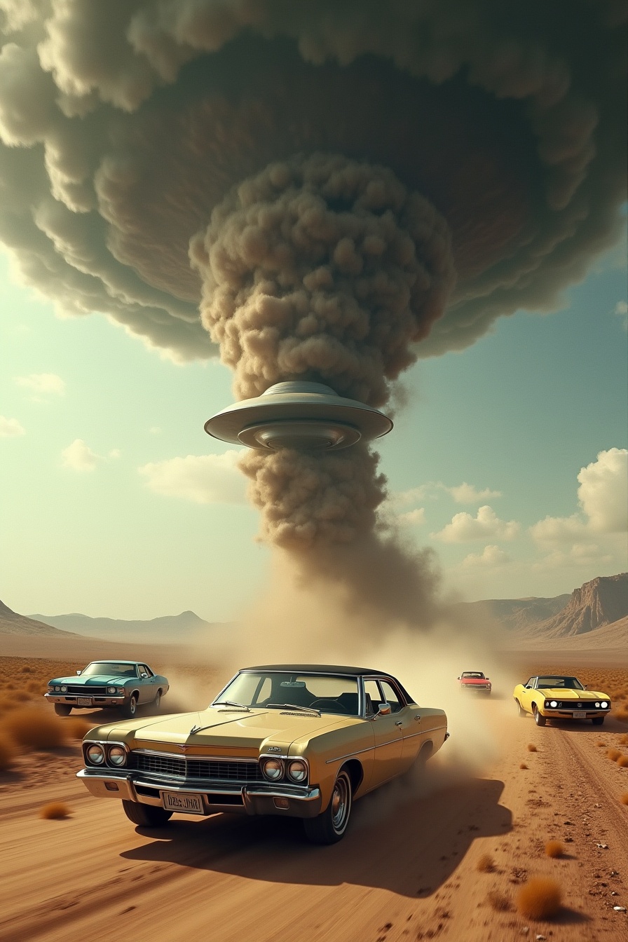 This is a highly detailed, CGI-rendered image depicting a chaotic and dramatic scene. The central focus is a massive, swirling tornado that dominates the upper half of the image, engulfing a UFO. The UFO is a metallic, disc-shaped object with a smooth, reflective surface, and it is being violently sucked into the tornado. The tornado is a swirling mass of dark grey and brown clouds with a turbulent, swirling texture, creating a sense of immense power and destruction.In the foreground, a classic, 1960s-era American sedan with a beige body and a black roof is driving down a dusty, barren road. The car is moving at high speed, with a cloud of dust and debris trailing behind it. Surrounding the car are other vehicles, including a blue sedan, a red pickup truck, and a yellow convertible, all of which are also in motion and being thrown around by the tornado.The background features a vast, open desert landscape with sparse vegetation, and the sky is a mix of dark, ominous clouds and patches of sunlight, suggesting either a stormy or post-storm setting. The overall mood of the image is intense and chaotic, with a sense of urgency and danger.  <lora:qihuan222 (1):0.2> <lora:qihuan222 (2):1>