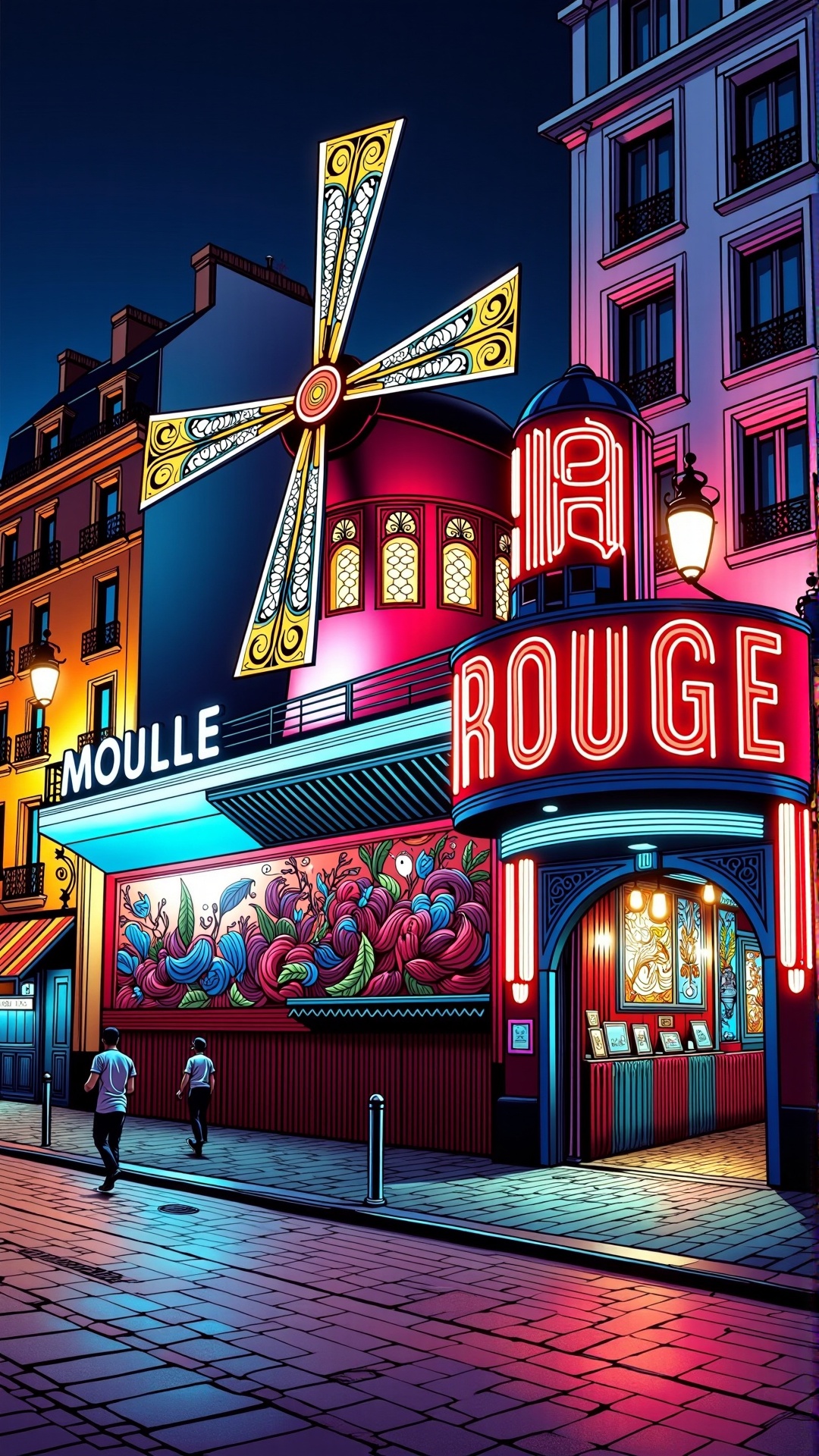 lineart,  colorful,  the vibrant and ornate facade of Moulin Rouge glowing at night in Paris on Tensor.Art