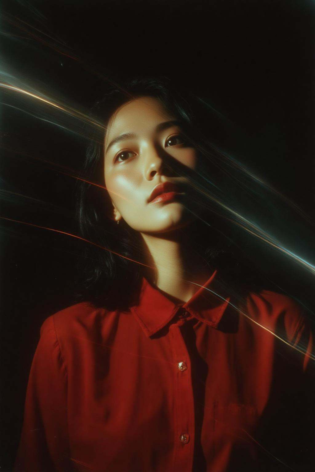 midjourney analog photograph.A 1990s young Japanese woman in a red shirt with a collar stands against a dark background. H...