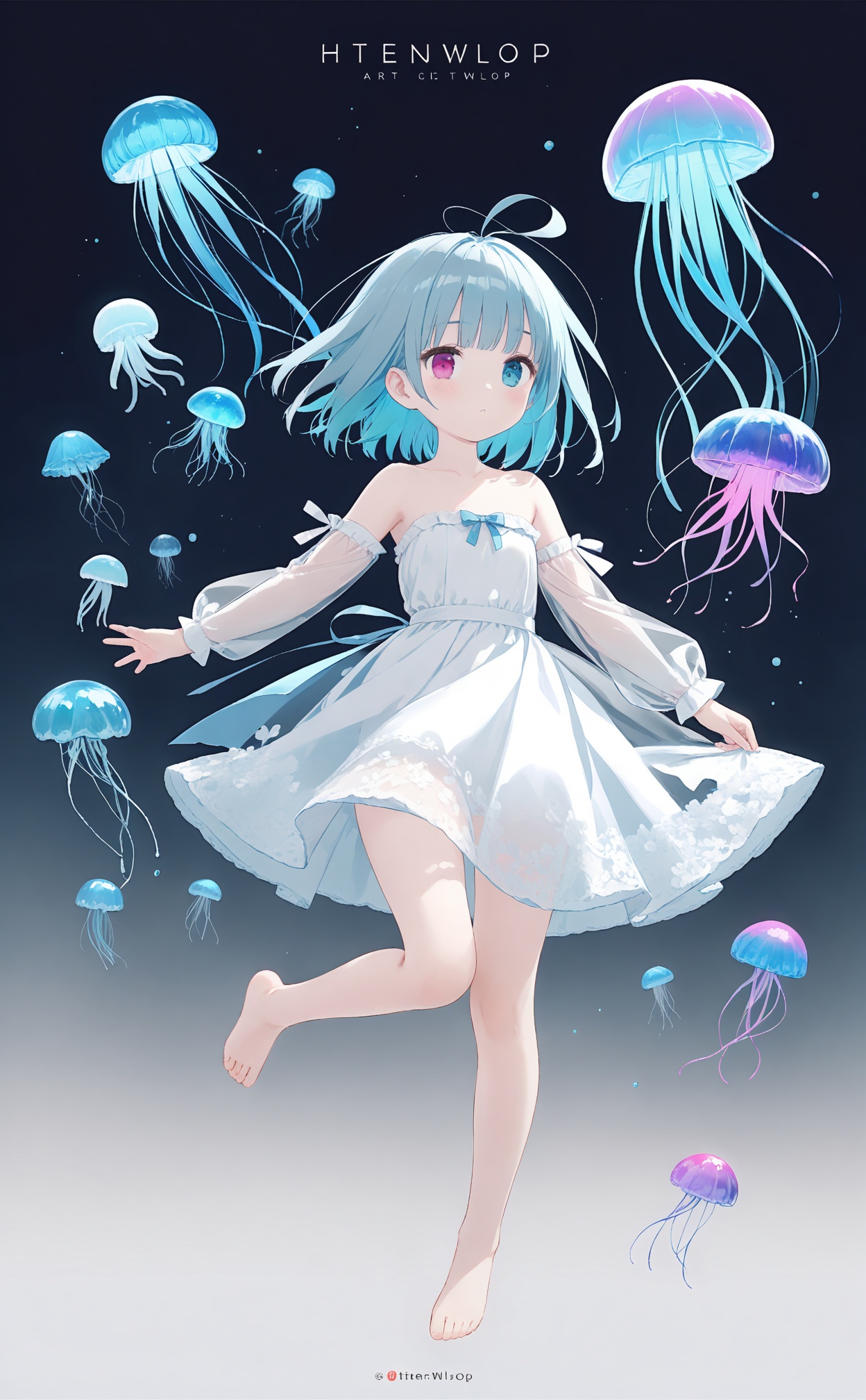 masterpiece,best quality,high quality,(colorful),artist Alens,Artist torino aqua,Artist\:ciloranko,Artist hiten \(hitenkei\),artist wlop,artist tianliangduohefangdongye,loli,jellyfish,1girl,heterochromia,solo,dress,colored skin,see-through,see-through sleeves,multicolored hair,blue eyes,blonde hair,blue hair,pink eyes,looking at viewer,gradient hair,white dress,gradient skin,barefoot,see-through dress,multicolored skin,detached sleeves,short hair,dot mouth,gem,bare shoulders,blue skin,white skin,long sleeves,jewelry,strapless dress,ahoge,full body,closed mouth,blunt bangs,gradient background,puffy sleeves,puffy long sleeves,green skin,floating,