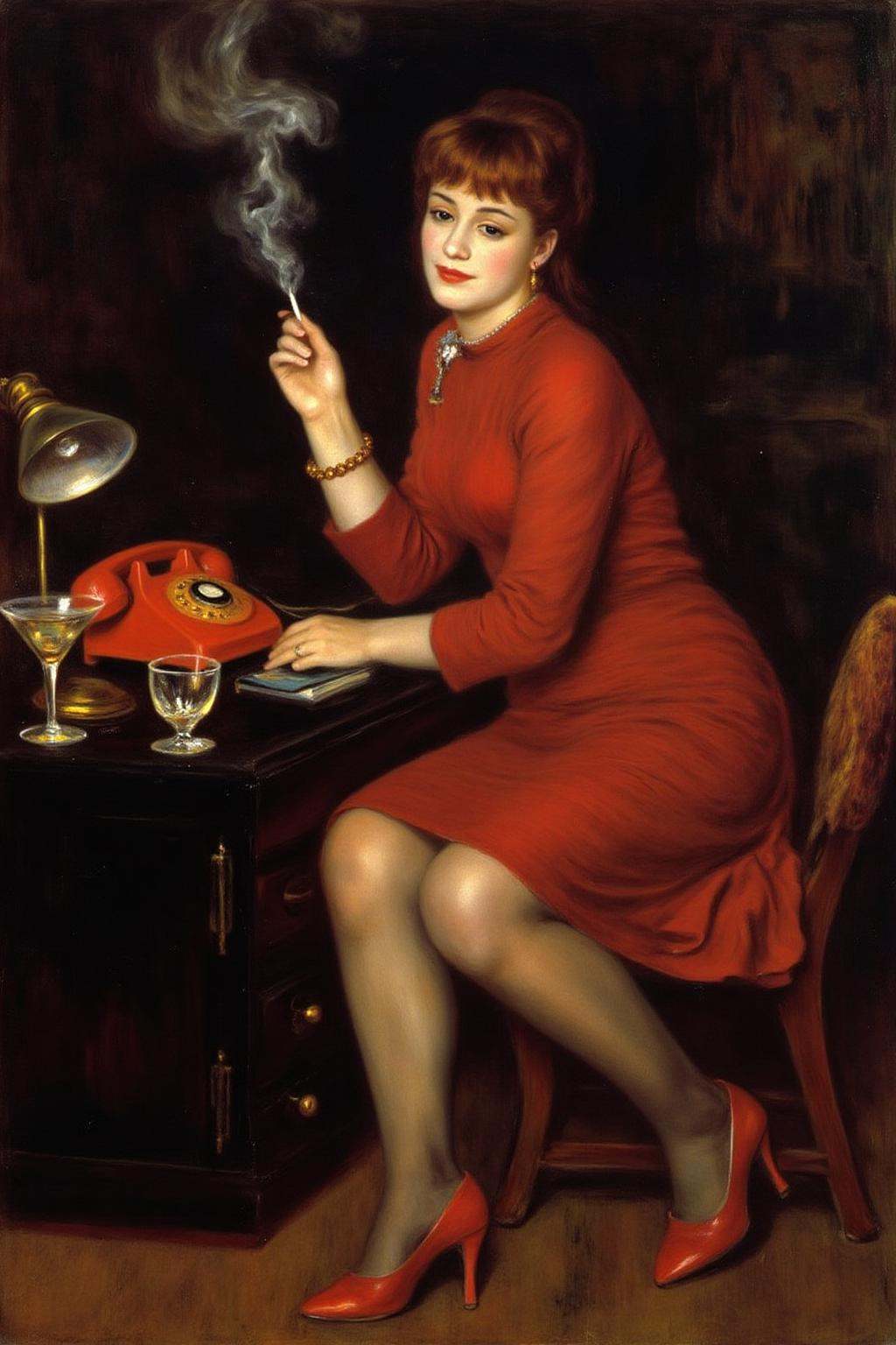 pierreaugusterenoir1 painting. A woman is sitting on a black desk. She is dressed in a red dress,  stockings,  and high-he...