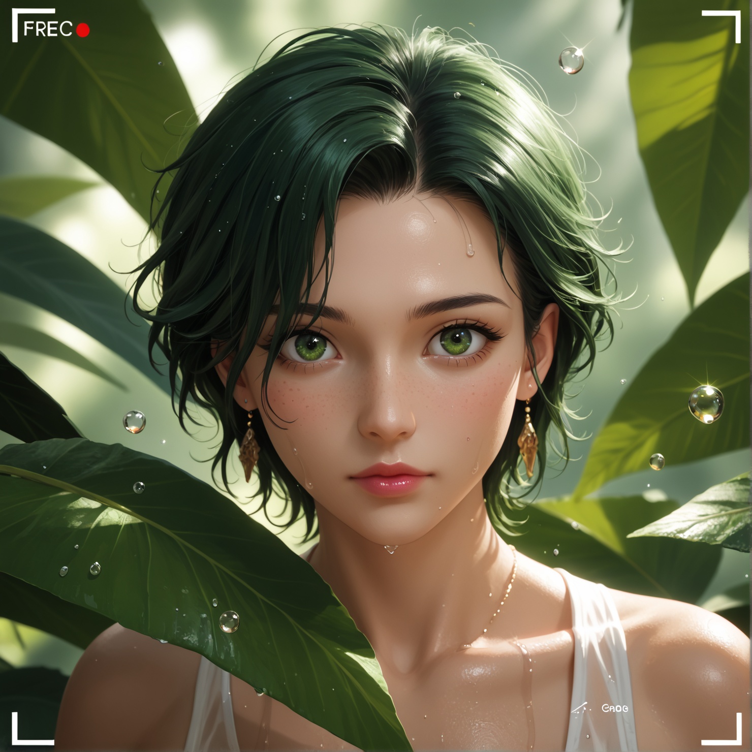 Ultra-realistic close-up portrait of a woman with glowing,  captivating green eyes framed by lush,  wet tropical leaves. H...