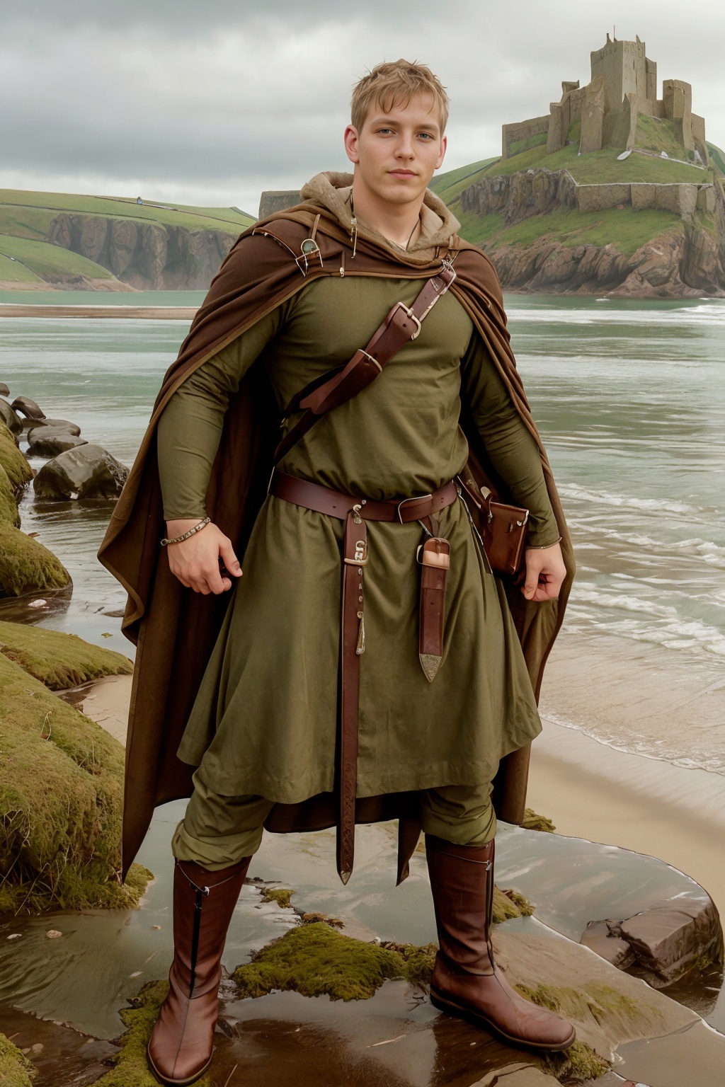 a beach,  Lindisfarne Castle on a hill in the background,  BrettStevens on Tensor.Art