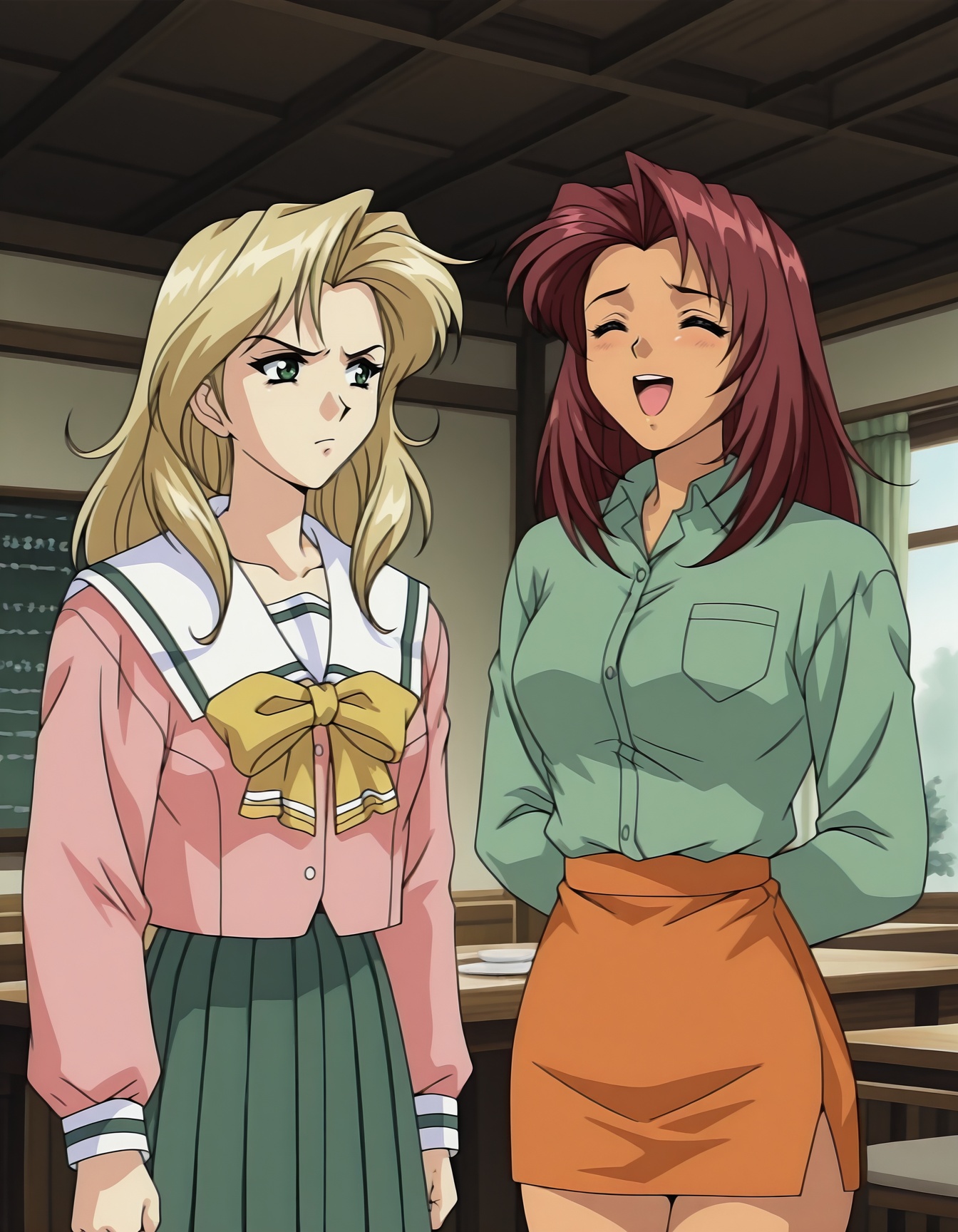 2girls,  talking,  table on Tensor.Art