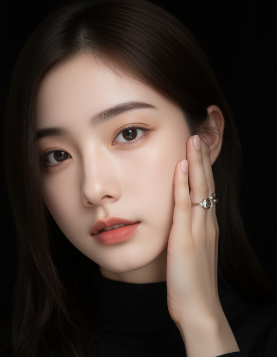A photograph of a young woman with fair skin and long,  straight dark hair,  styled in a simple on Tensor.Art