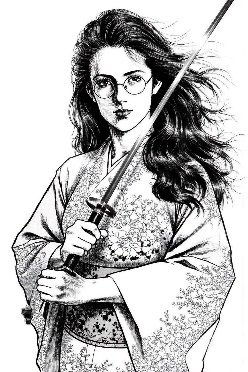 1keryo illustration.A woman with long,  flowing black hair that cascades down her back,  and she wears round on Tensor.Art