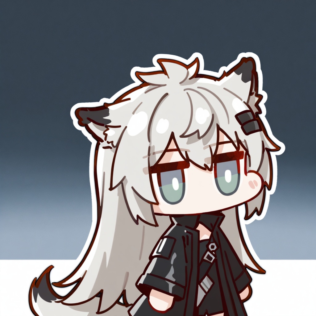 chibi,<lora:nineface-chibi-A31-5:1>,1girl,lappland \(arknights\),arknights,animal ears,long hair,wolf ears,hair ornament,scar across eye,hairclip,bangs,scar on face,grey eyes,white hair,hair between eyes,grey hair,breasts,very long hair