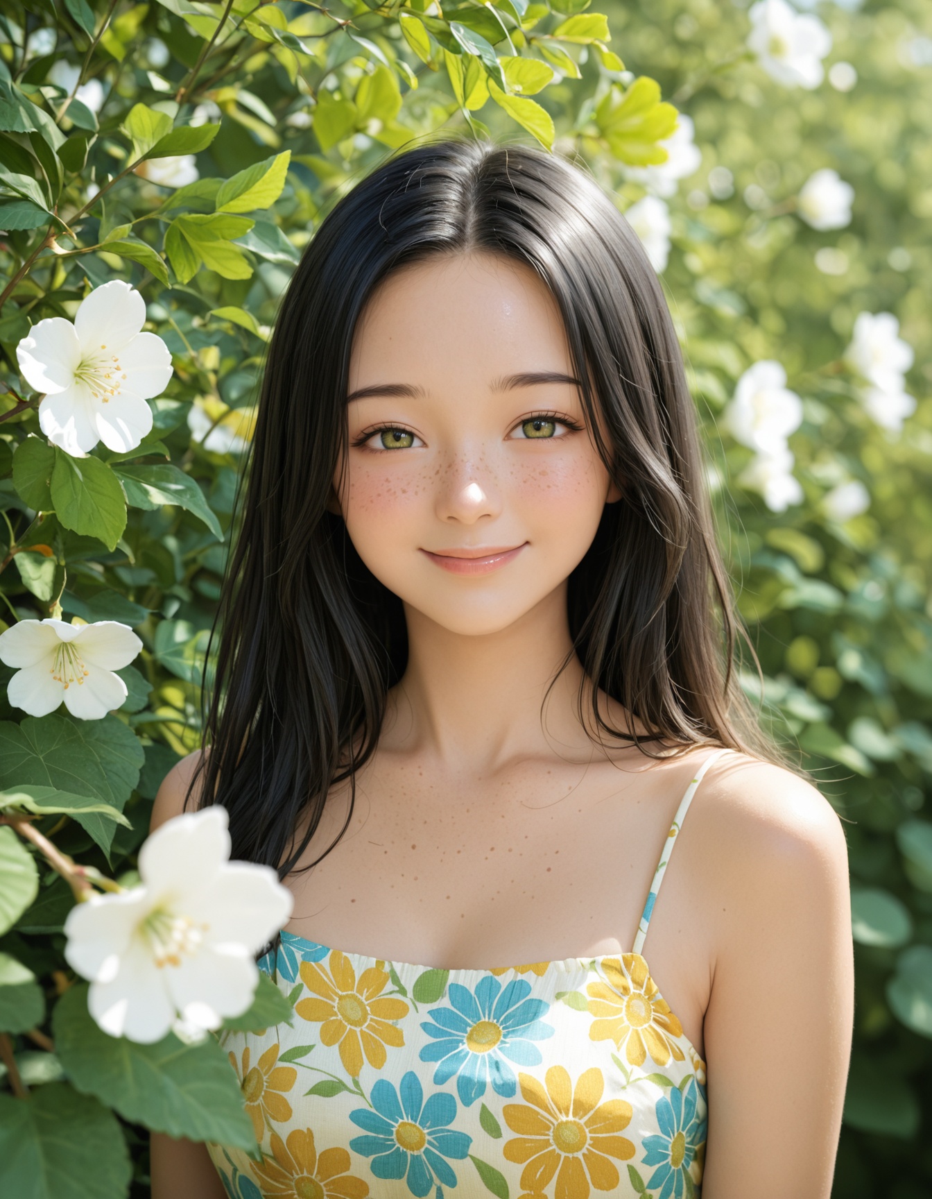 This photograph features an Asian woman with fair skin and long,  wavy black hair smiling brightly at the camera. She is w...