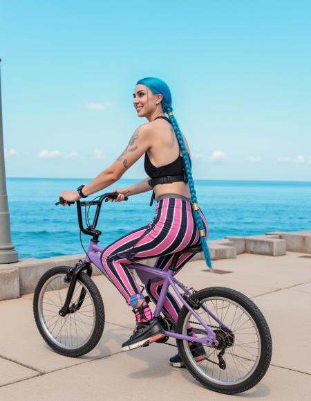 jinx,  a woman with long blue braided hair and a black top and striped pants is riding a bmx in front of the ocean on Tens...