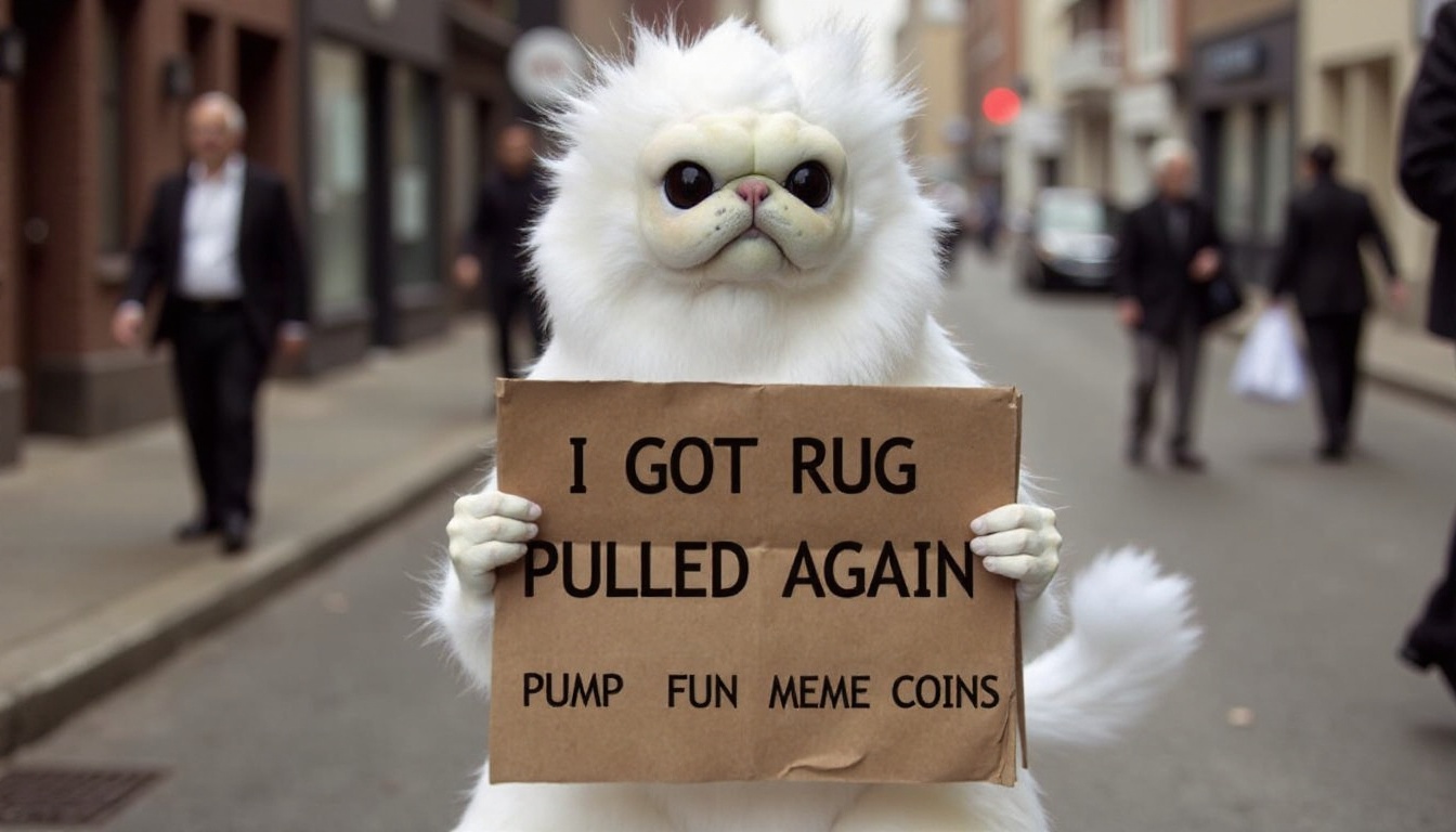 PERSIANCAT,  HOMELESS WHITE MONKEY CAT ON STREET HOLDING A SIGN THAT SAYS "I GOT RUG PULLED AGAIN",  TEXT ON BOTTOM THAT S...