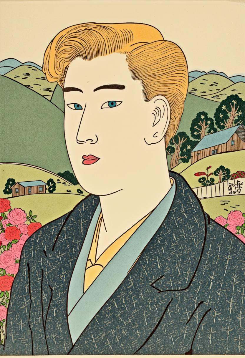 a portrait of a British man with blonde hair in the Shunga art style,  blending classic British and Japanese artistic elem...