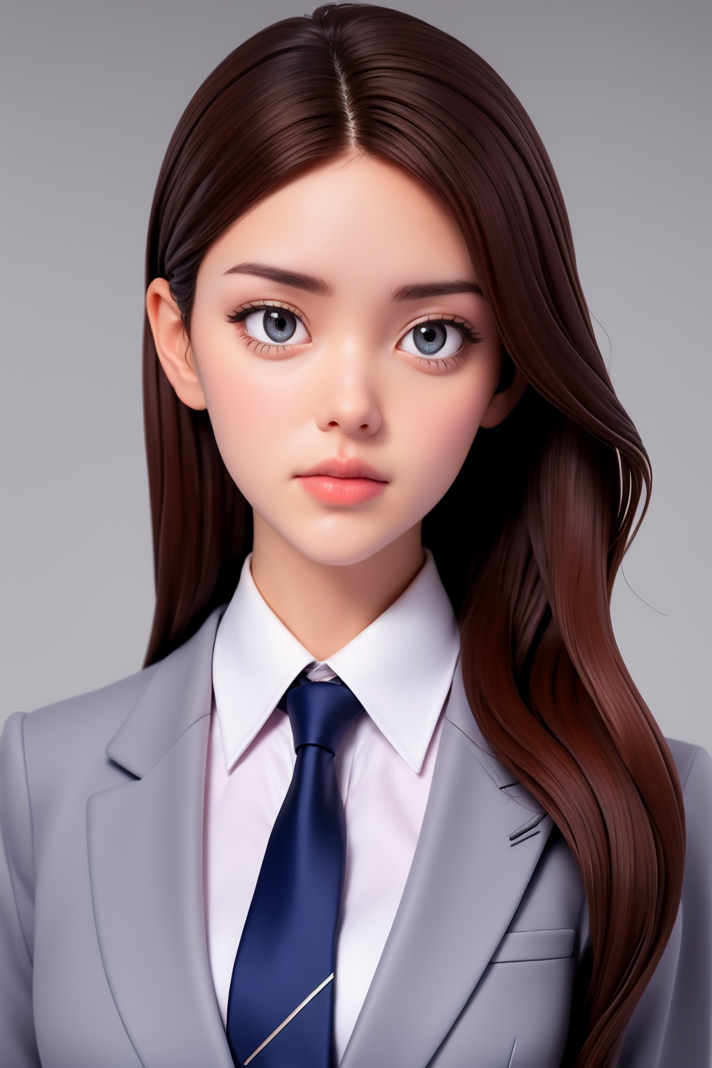 1girl, solo, realistic, necktie, brown hair, shirt, suit, looking at viewer, formal, grey background, simple background, long hair, white shirt, collared shirt, lips, black necktie, grey eyes