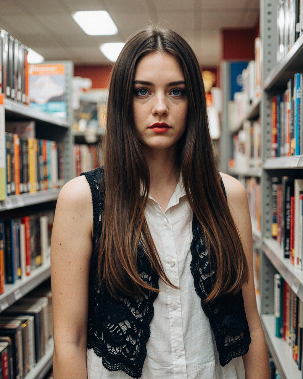 The image is a photograph featuring a young woman standing in a bookstore. She has long,  straight,  dark brown hair that...