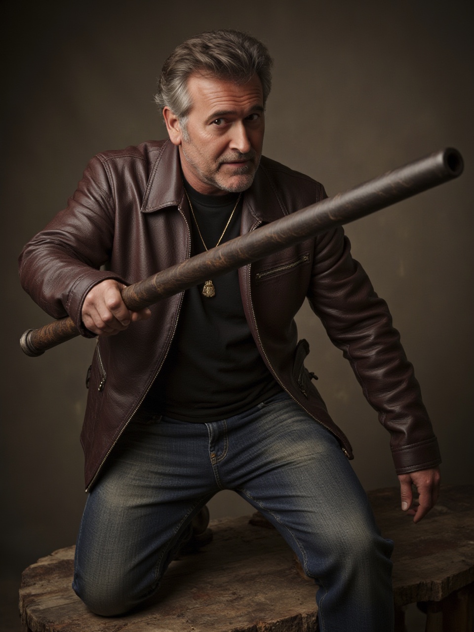 8ruc3c4mp83ll A middle aged man in a medieval setting,  dressed in a modern leather jacket and jeans,  using his iconic bo...