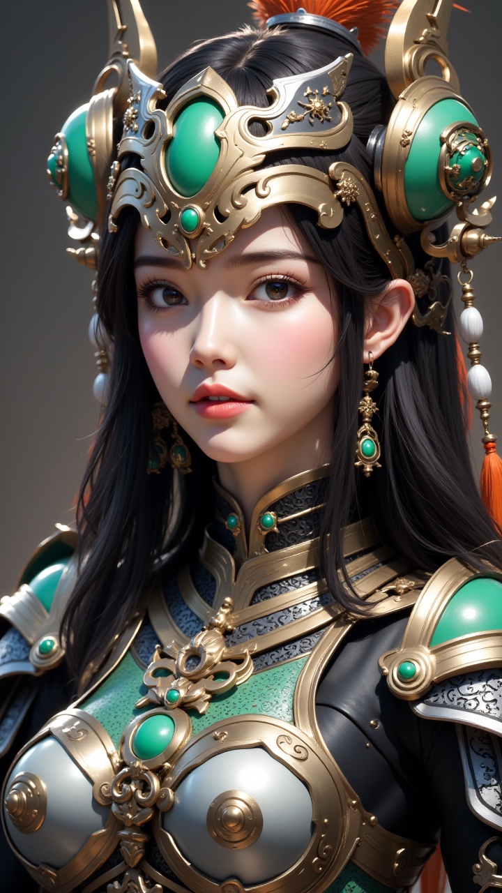 (masterpiece, best quality:1.2),1girl, with black hair and a jade inlaid metal helmet, with ear muff structures on both sides of the helmet, above the chest, upper body, and shoulders adorned with jade armor, silver metal armor, stainless steel metal armor, full body armor, metal patterned neck protection, eyelashes, feather headwear, jewelry, long hair, looking at the audience, parted lips, solo, brown eyes, earrings, and a small amount of tassel structure on the helmet,