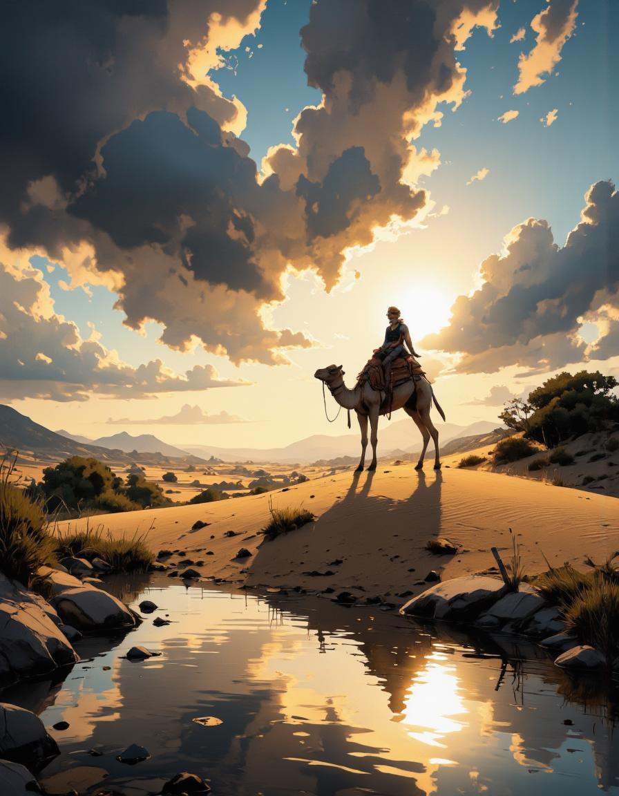 A highly detailed cinematic photography.riding camel,  golden hours,  light and shadow play on Tensor.Art