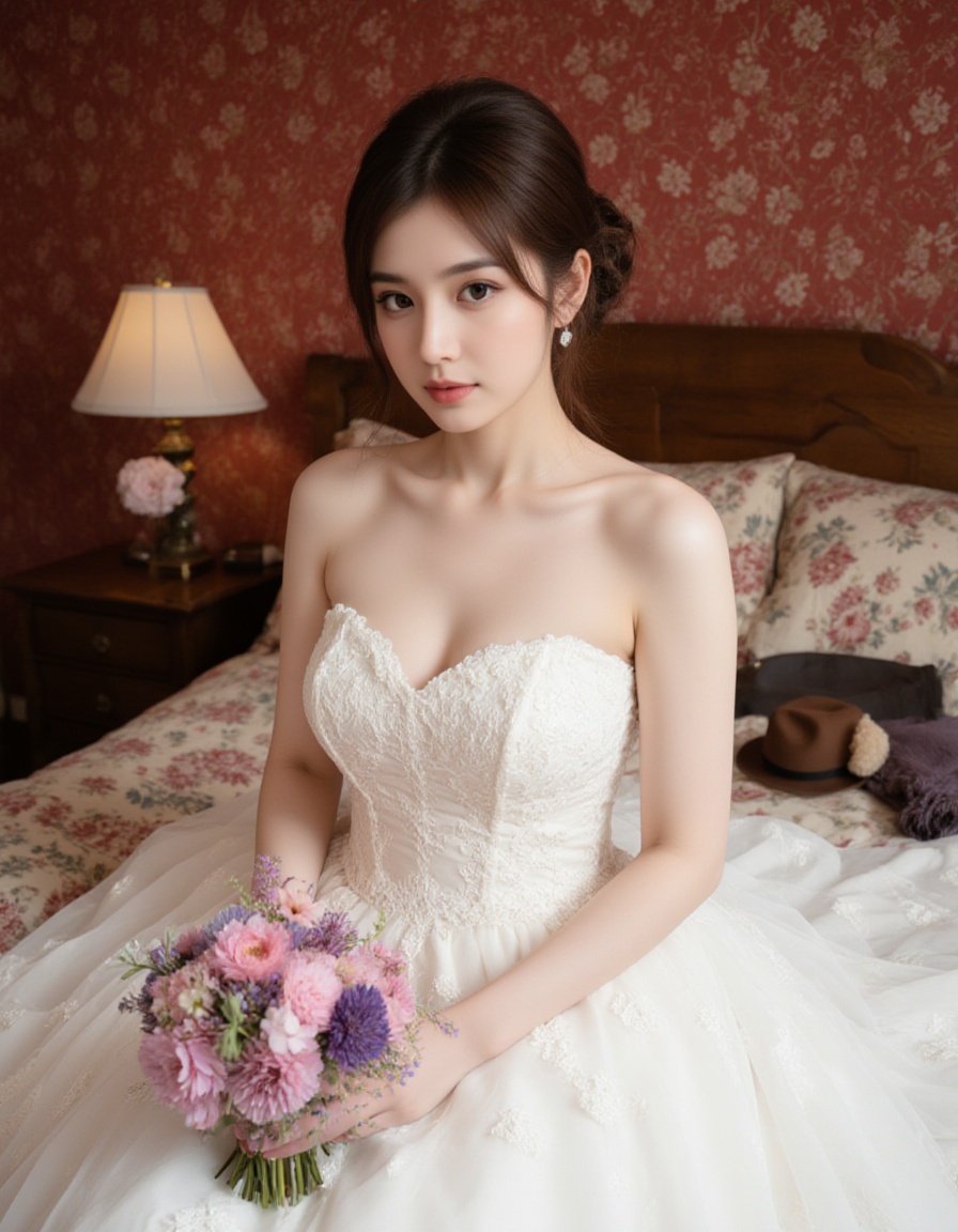 A high-quality photograph of a young woman with fair skin and delicate features,  wearing a strapless white wedding dress...