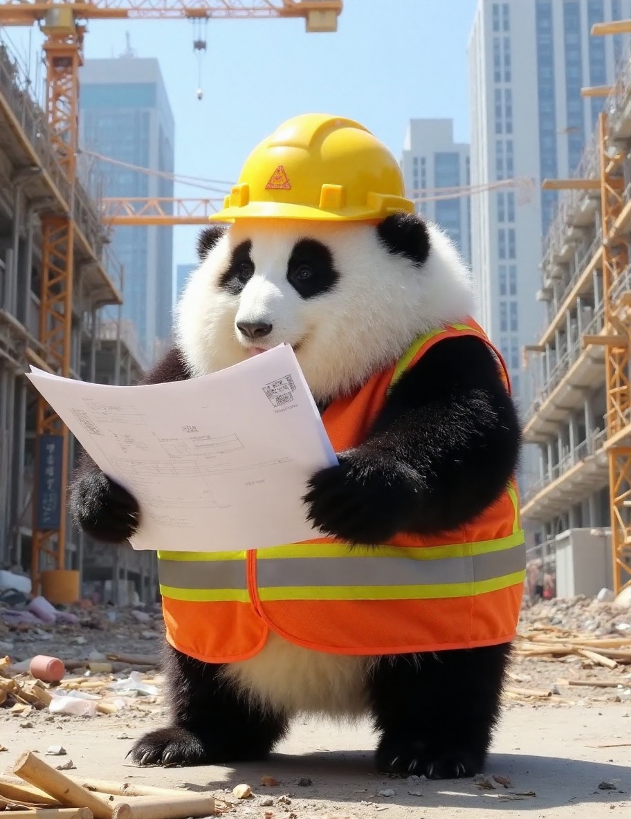 The image is a high-resolution photograph of a charming panda named Huahua,  depicted standing on a bustling construction...