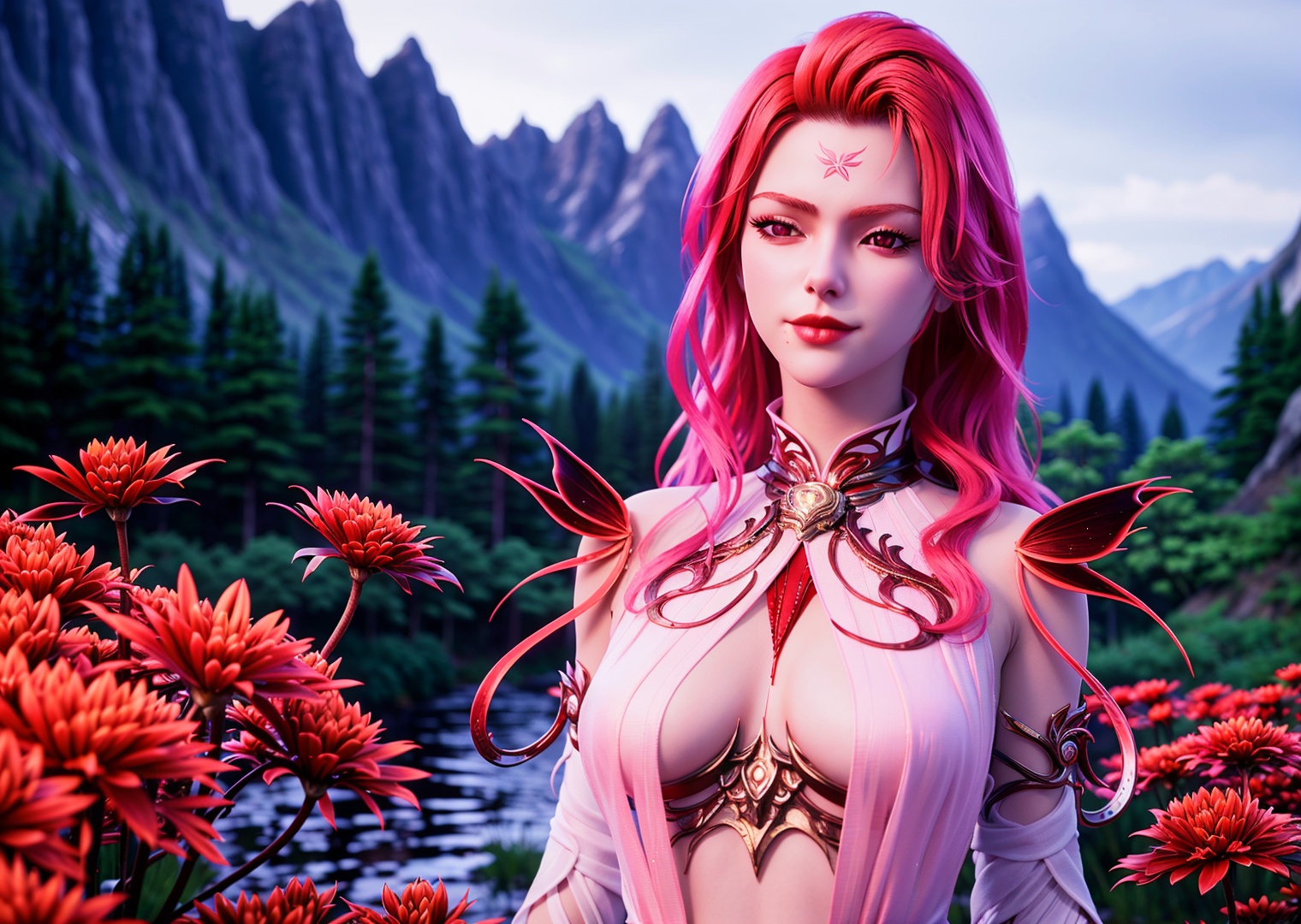 1girl,solo,long hair,pink hair,pink eyes,heart-shaped pupils,red lips,forehead mark,closed mouth,smile,dress,looking at viewer,outdoors,nature,flower,spider lily,scenery,fantasy,((glowing)),(blurry),depth of field,simple background,cowboy shot,3d,Highly detailed,(ultra-detailed),(best quality,masterpiece:1.5),<lora:xidi:0.7>,