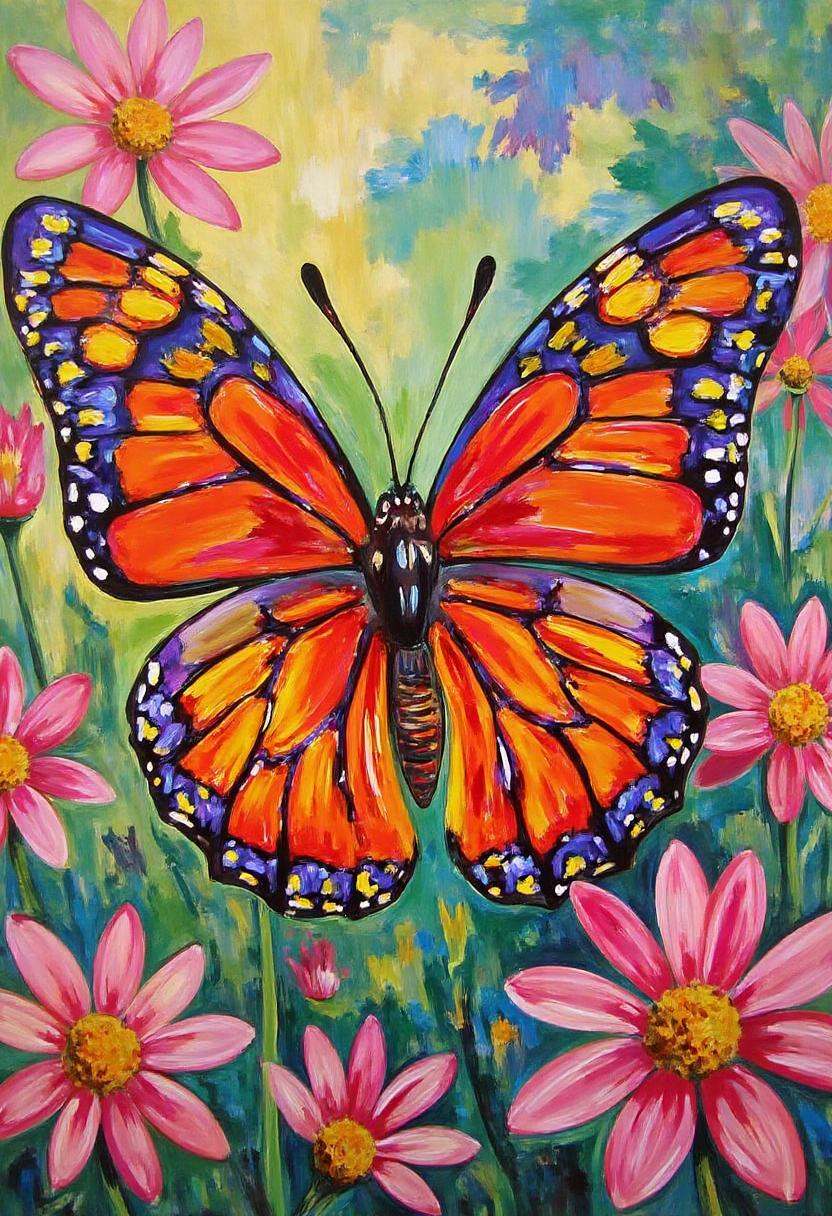 Fauvism Facilitator,  Depict a close-up of a butterfly in a lush garden,  its wings painted in bright red on Tensor.Art