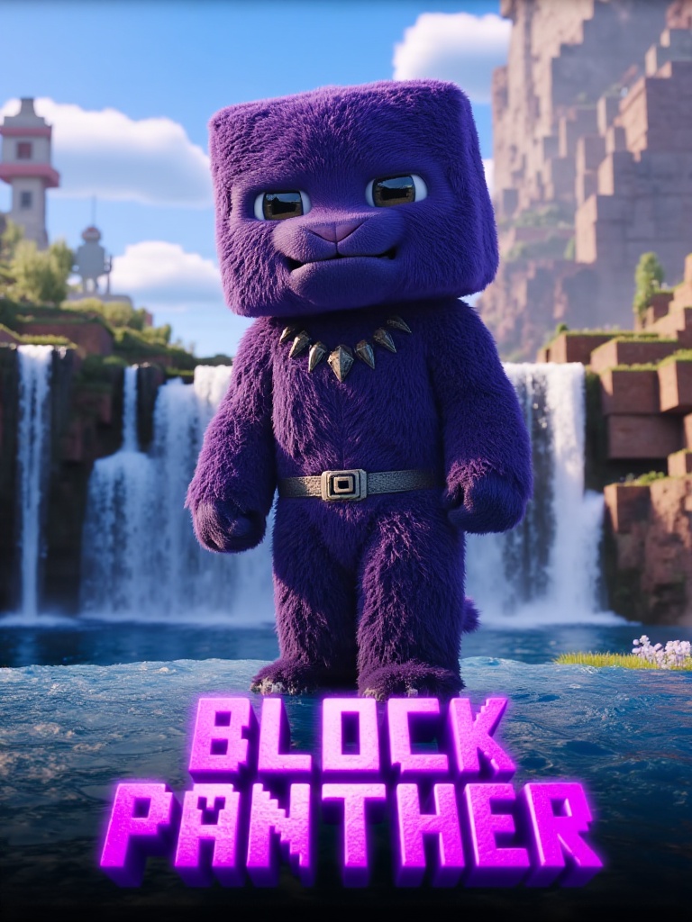 Movie poster for "Block Panther",  featuring cubic T'Challa in blocky vibranium suit with furry details,  standing on wate...
