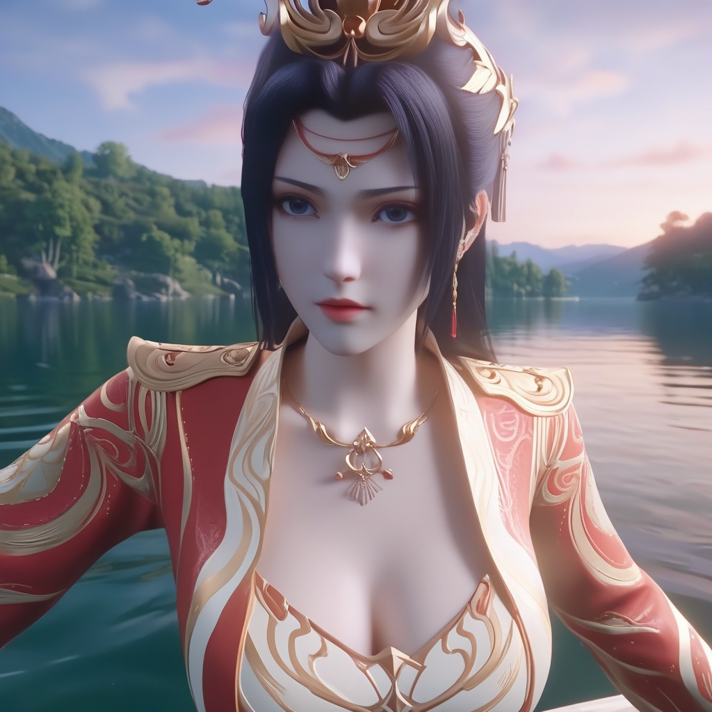 <lora:842-DA-XL-斗破苍穹-云韵-婚服:0.8>, (,1girl, ,best quality, ),,  ,ultra detailed 8k cg,   ,masterpiece, (( , )) , lake,upper body,   (cleavage),,  (),