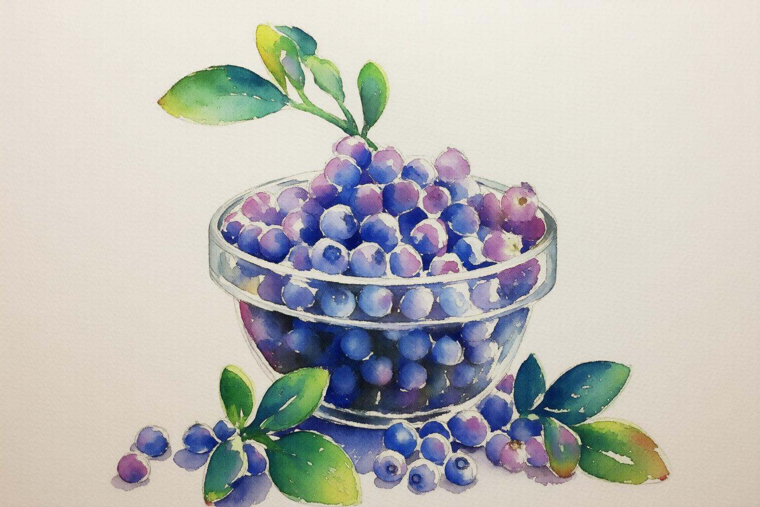 watercolorbasic2q watercolor painting.A glass bowl filled with blueberries. on Tensor.Art