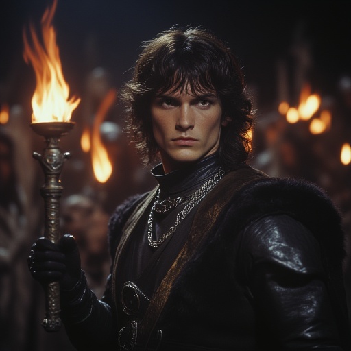 ArsMovieStill,  80s Fantasy Movie Still,  The image shows a young man with long dark hair and a serious expression on his...