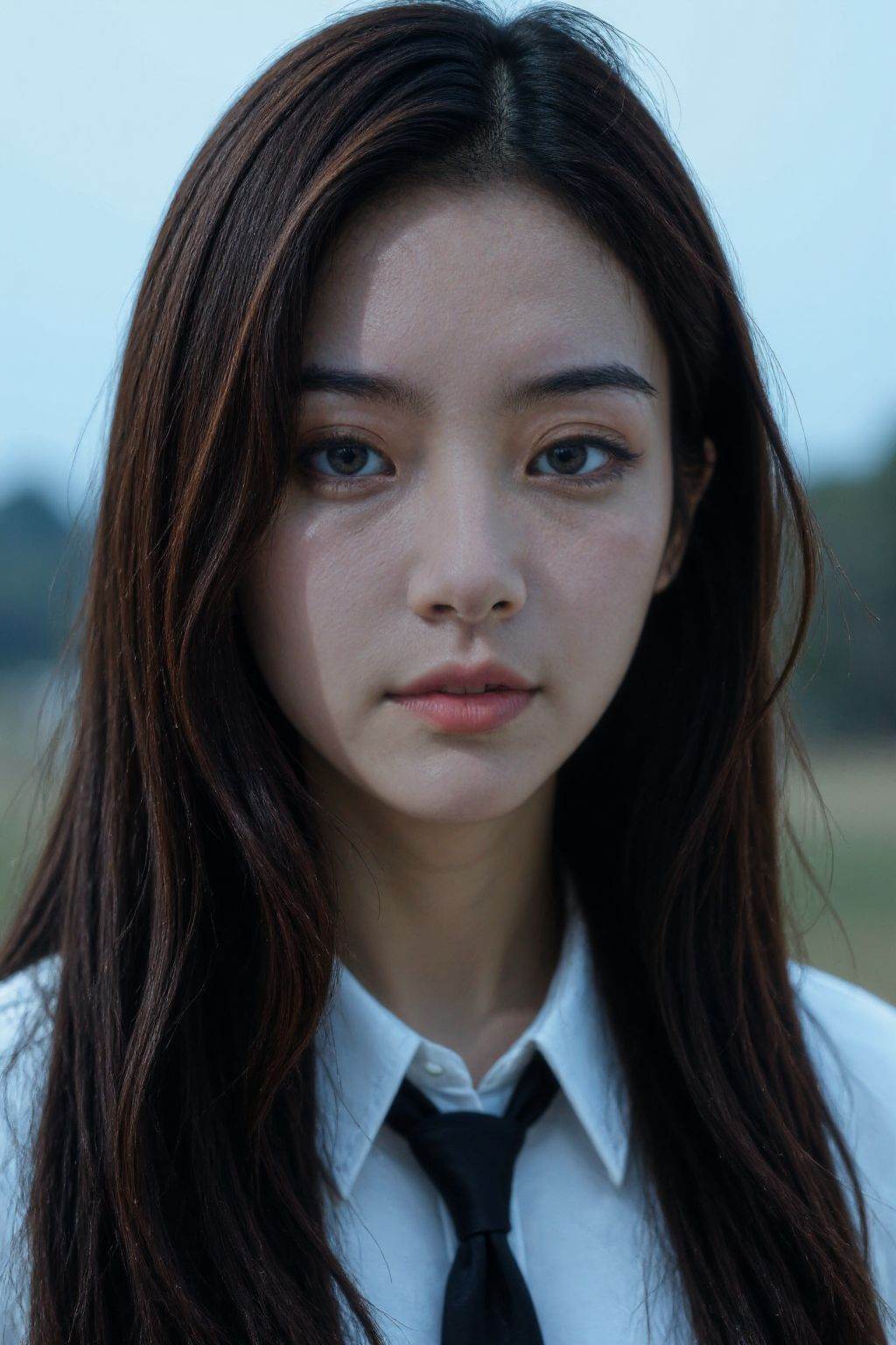 The image shows a young woman with long,  dark hair. She is wearing a white shirt with a black tie. Her hair is slightly t...