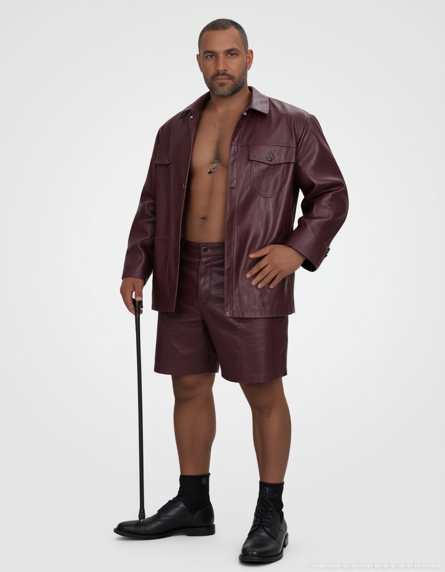 (score_9, score_8_up:1.3), score_7_up, raw, photo realistic, USABDSMLeather,1boy,beard, blue shorts, brown hair, dark skin, facial hair, hands on hips, large pectorals, nipples, old, pectorals, piercing, shoes, stomach, thick thighs, leather suit,men, purple vest, <lora:FLUX.USABDSMLeather:1.1>