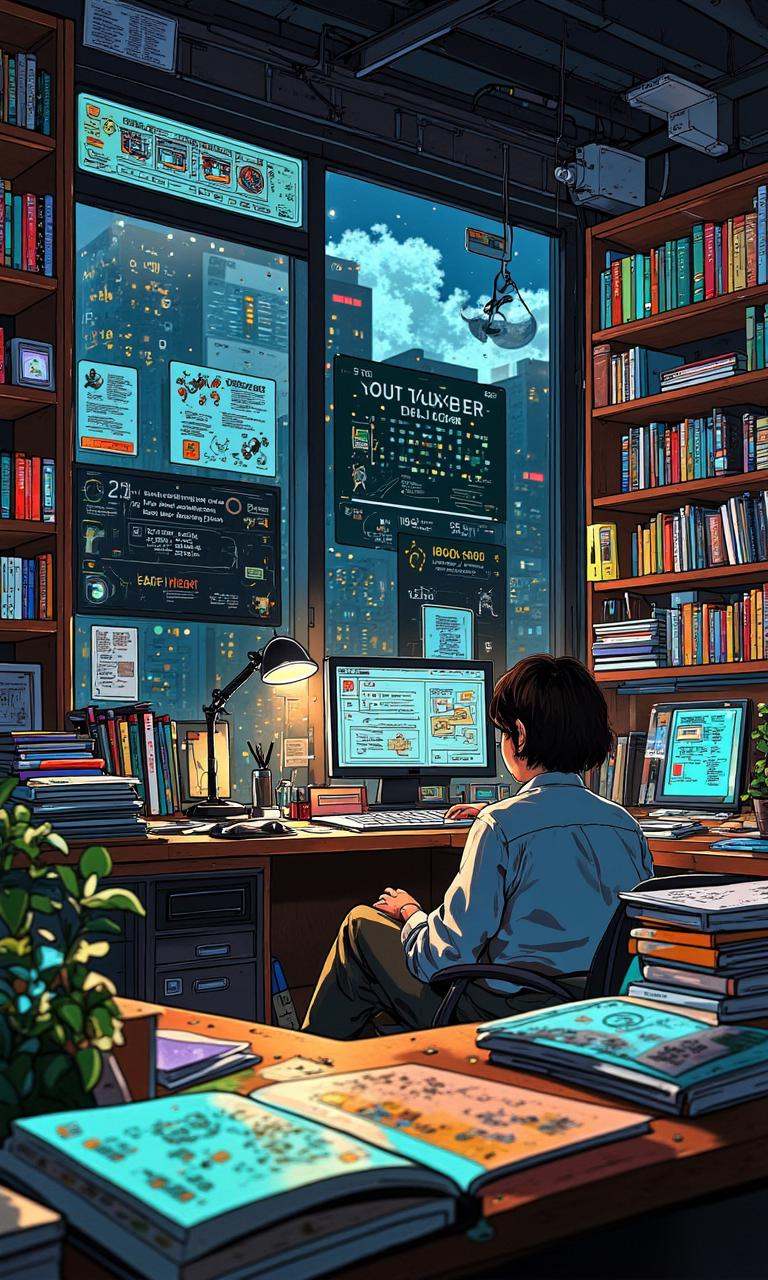 A futures designer works in her office. The narrative archetype revolves around him in a surreal setting of science fictio...