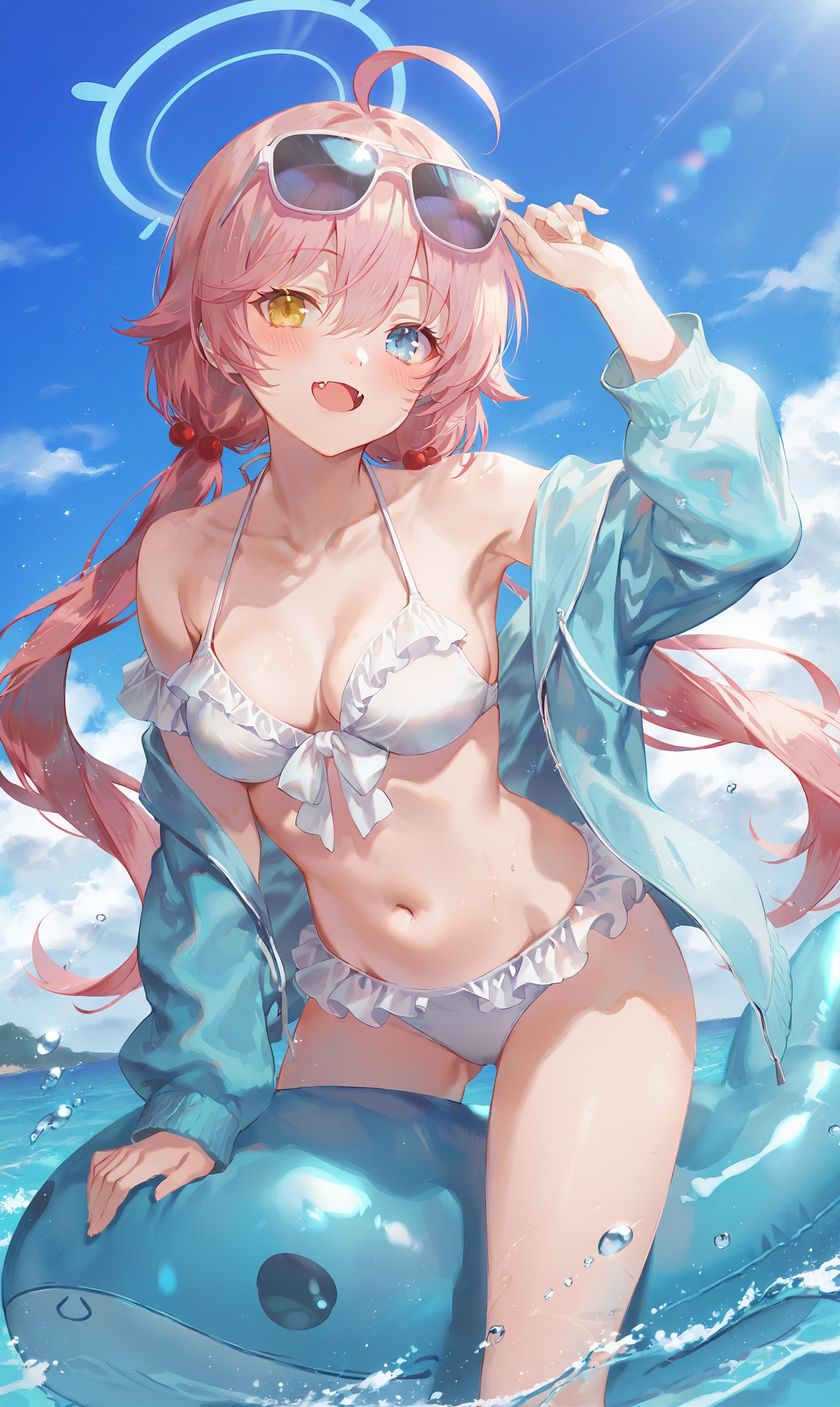 1girl,solo,long_hair,breasts,looking_at_viewer,blush,smile,open_mouth,bangs,blue_eyes,long_sleeves,navel,hair_between_eyes,bare_shoulders,twintails,very_long_hair,collarbone,jacket,swimsuit,yellow_eyes,pink_hair,ahoge,bikini,outdoors,frills,open_clothes,sky,day,fang,cloud,water,off_shoulder,open_jacket,blue_sky,ocean,low_twintails,heterochromia,halo,white_bikini,sunglasses,blue_jacket,eyewear_on_head,frilled_bikini,inflatable_toyvery aesthetic, masterpiece, absurdres