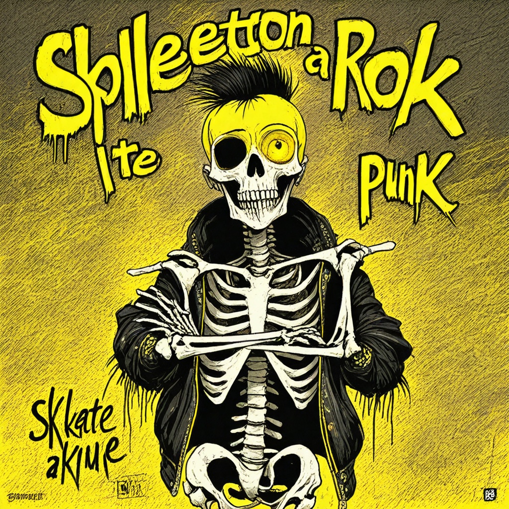 skeleton punk,  skeleton,  featuring a skeletal figure with a punk rock aesthetic. The background is a vivid on Tensor.Art