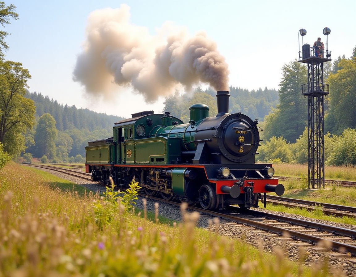 A striking image of a vintage steam locomotive billowing smoke,  captured under bright midday sunlight. The train,  painte...