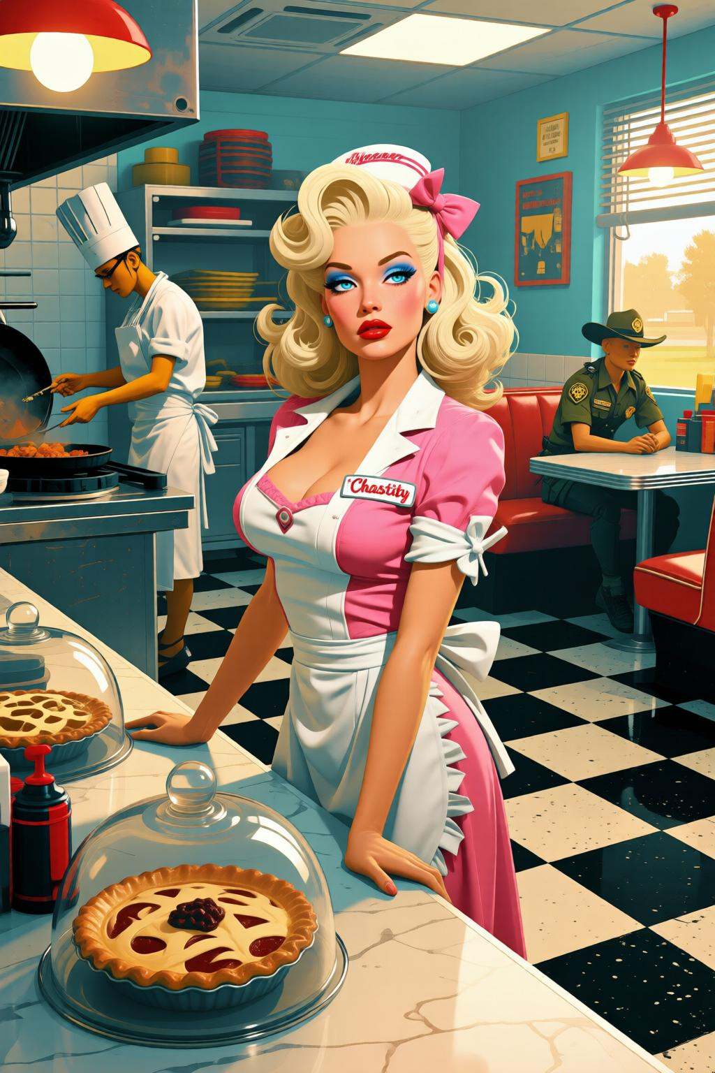 pascalblanche2q illustration. Silmas. A waitress named "Chastity" standing behind the formica counter of a sun-drenched,...