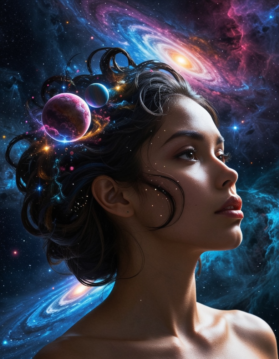 A silhouette of a woman head emerges against a deep navy blue CosmicStyle background,  intricately filled with vibrant cos...