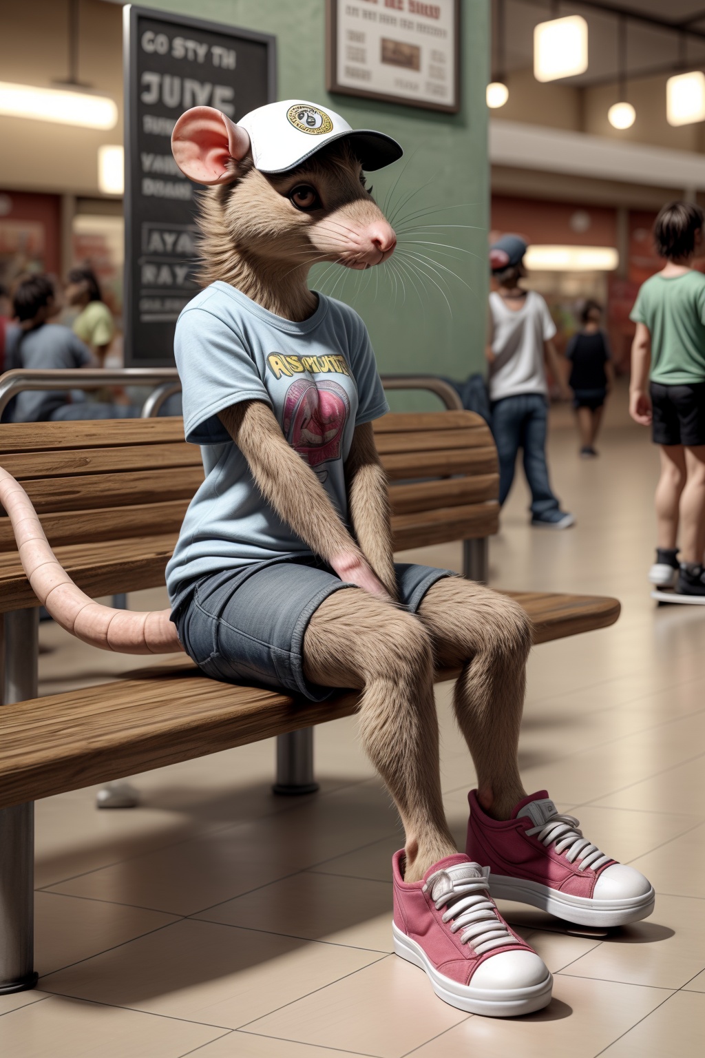cute skater chick rat,  sitting_in_mall_foodcourt,  tail on Tensor.Art