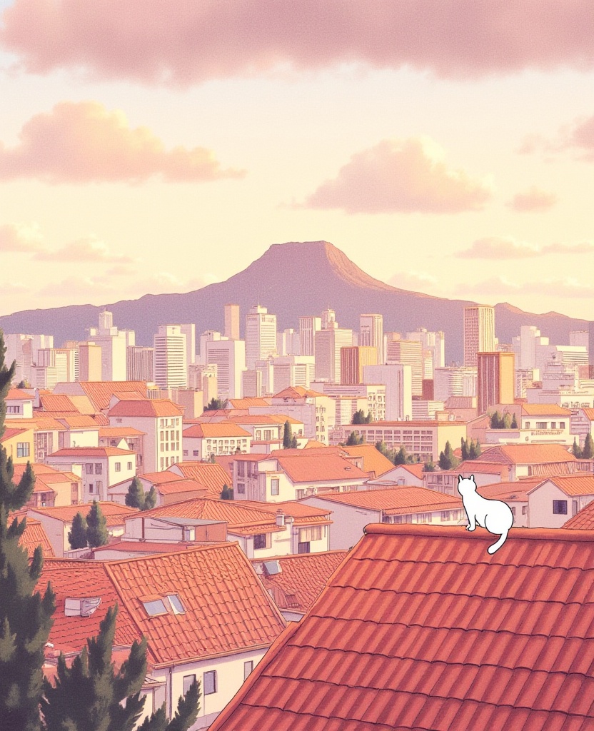 A whimsical illustration of a cityscape at sunset, featuring a white cat sitting on a red-tiled roof, looking out over the skyline. The city is filled with tall buildings and a prominent mountain in the background. The sky is painted with warm hues of orange and pink, and the clouds are fluffy and soft. The style is playful and charming.,<lora:flux_清新插图_tusi:1>