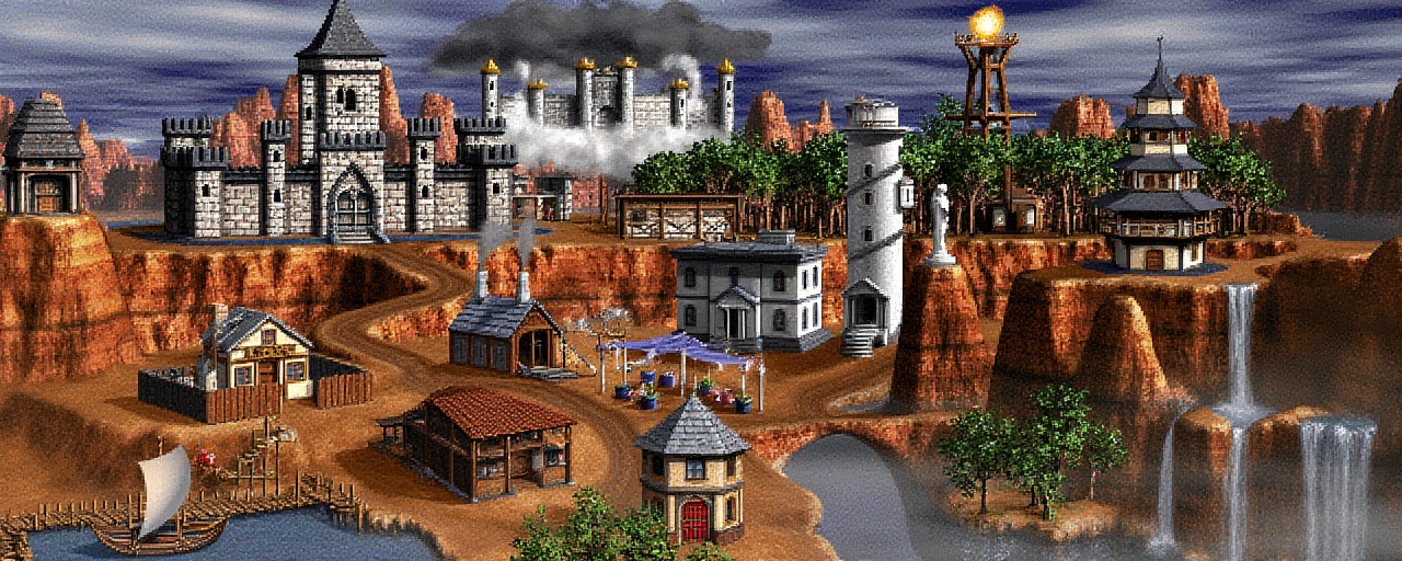 Original HoMM2 style town screen of a fully built Wizard town on a wizard faction background. It contains a Wizard Castle...