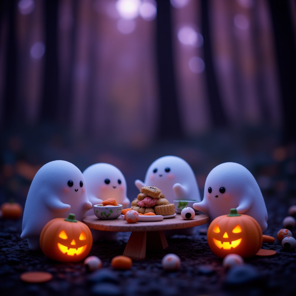 cinematic film still professional 3d model "Depict a cozy,  moonlit forest clearing where cute,  plushie-like ghosts are h...