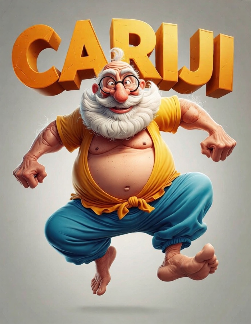 Cariji,  Poster titled "CARIJI" in bold 3d text featuring a caricature of a large,  elderly man with a white beard and mus...