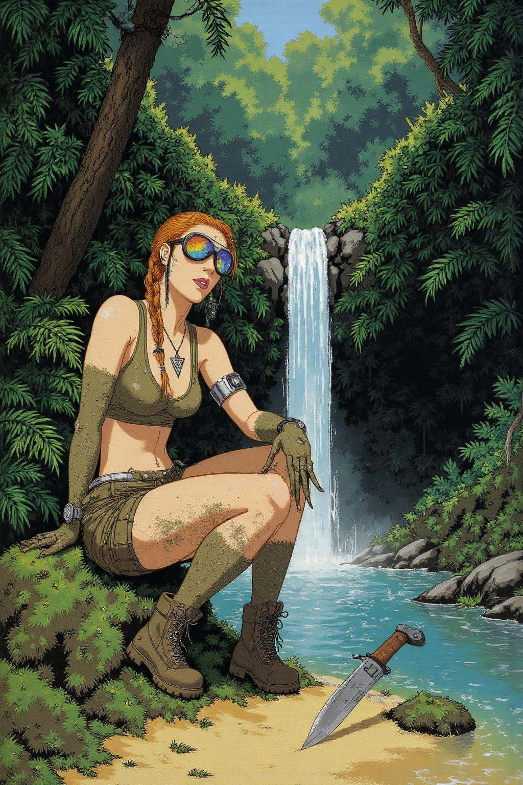 erte1 illustration. A strong female adventurer,  covered with sweat,  mud and dirty on Tensor.Art