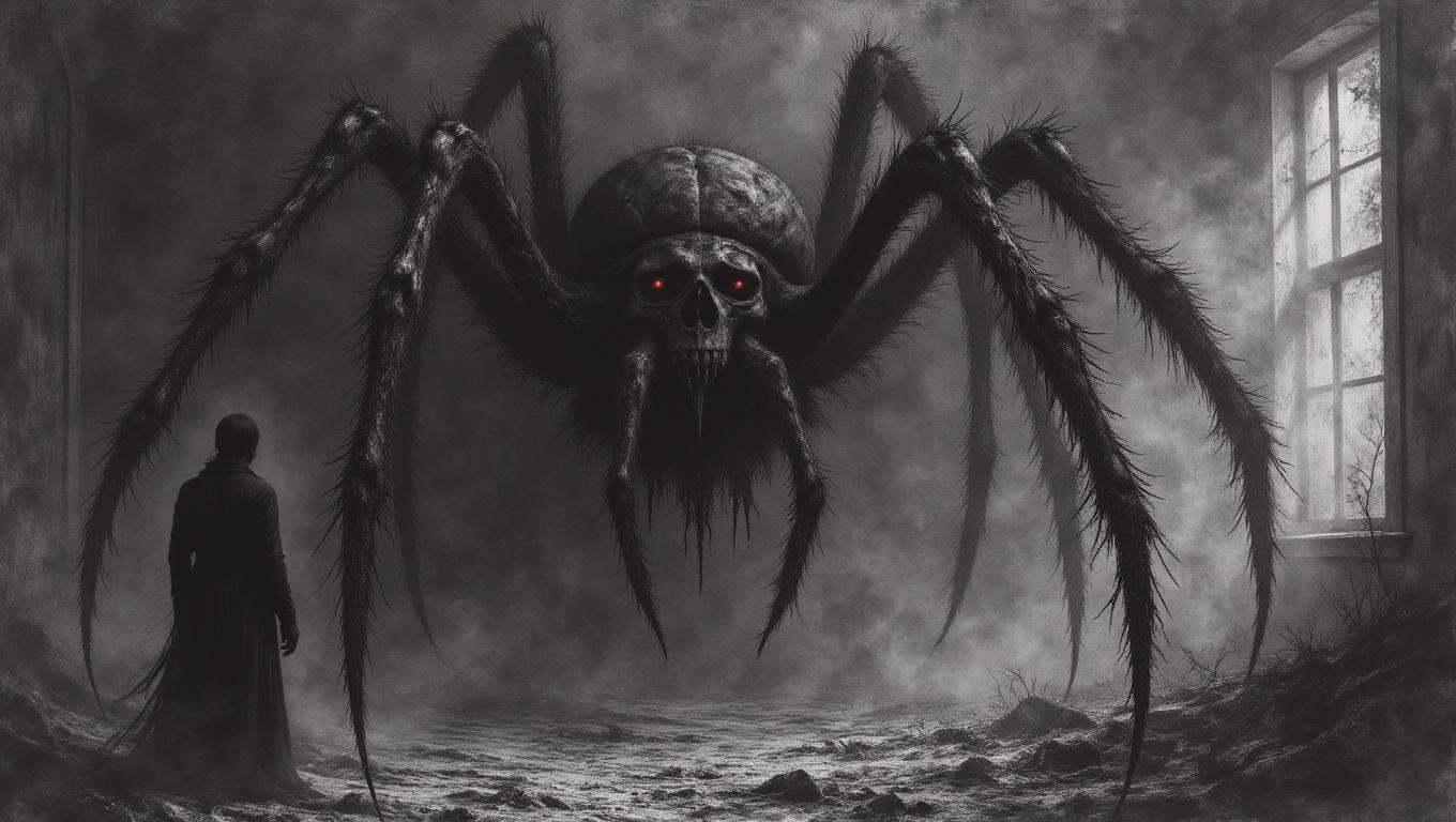 A massive,  grotesque spider with hairy legs and multiple red eyes lurks in the shadows of an abandoned mansion. Its web,...