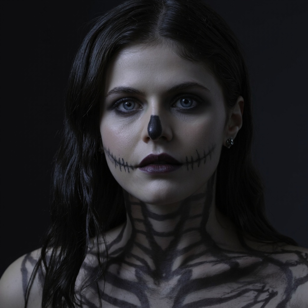 A close-up portrait of alexandra_daddario with a striking,  artistic makeup style. The subject has a pale complexion,  dar...