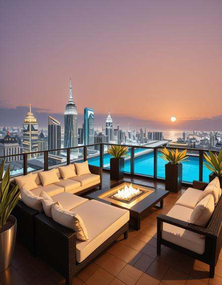A breathtaking photo of a luxurious private rooftop at sunset,  designed in a modern and elegant architectural style. The...